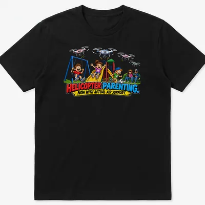 Colorful cartoon print showing children playing with drones and the phrase on top. — printed on a unisex t-shirt