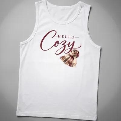 T-shirt with 'Hello Cozy' script above a plaid scarf in warm autumn colors — printed on a tank top