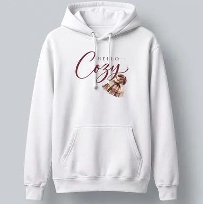 T-shirt with 'Hello Cozy' script above a plaid scarf in warm autumn colors — printed on a unisex hoodie