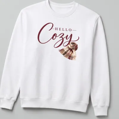 T-shirt with 'Hello Cozy' script above a plaid scarf in warm autumn colors — printed on a unisex sweatshirt