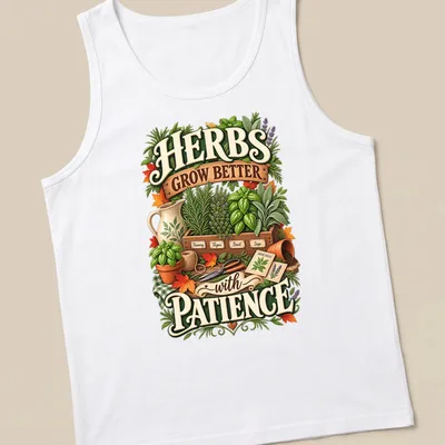 Vintage botanical design with herbs and gardening tools, printed text included — printed on a tank top