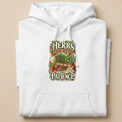 Vintage botanical design with herbs and gardening tools, printed text included — printed on a unisex hoodie