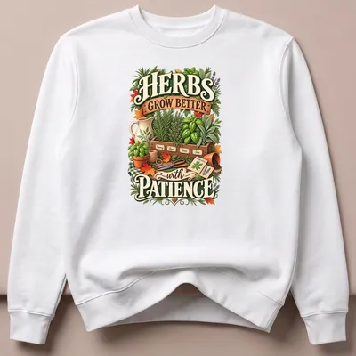 Vintage botanical design with herbs and gardening tools, printed text included — printed on a unisex sweatshirt