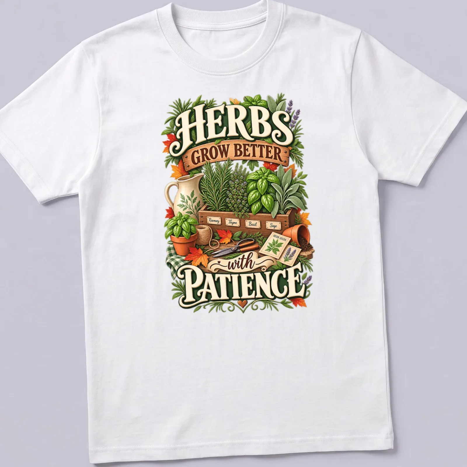Vintage botanical design with herbs and gardening tools, printed text included — printed on a unisex t-shirt