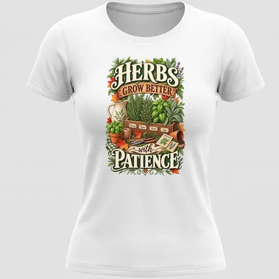 Vintage botanical design with herbs and gardening tools, printed text included — printed on a women's shirt