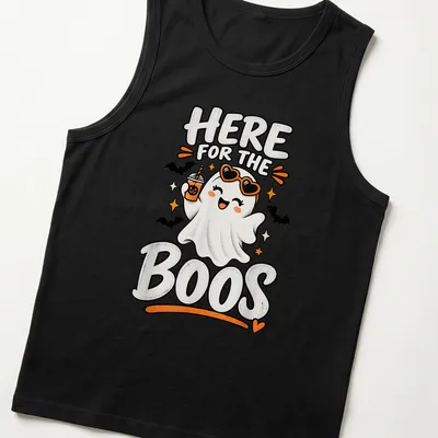 Kawaii cute ghost holding a pumpkin drink with Halloween text in colors white, orange, black, and yellow — printed on a tank top