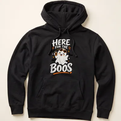 Kawaii cute ghost holding a pumpkin drink with Halloween text in colors white, orange, black, and yellow — printed on a unisex hoodie