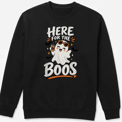 Kawaii cute ghost holding a pumpkin drink with Halloween text in colors white, orange, black, and yellow — printed on a unisex sweatshirt