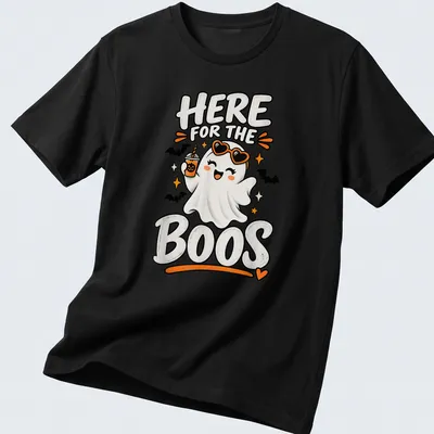 Kawaii cute ghost holding a pumpkin drink with Halloween text in colors white, orange, black, and yellow