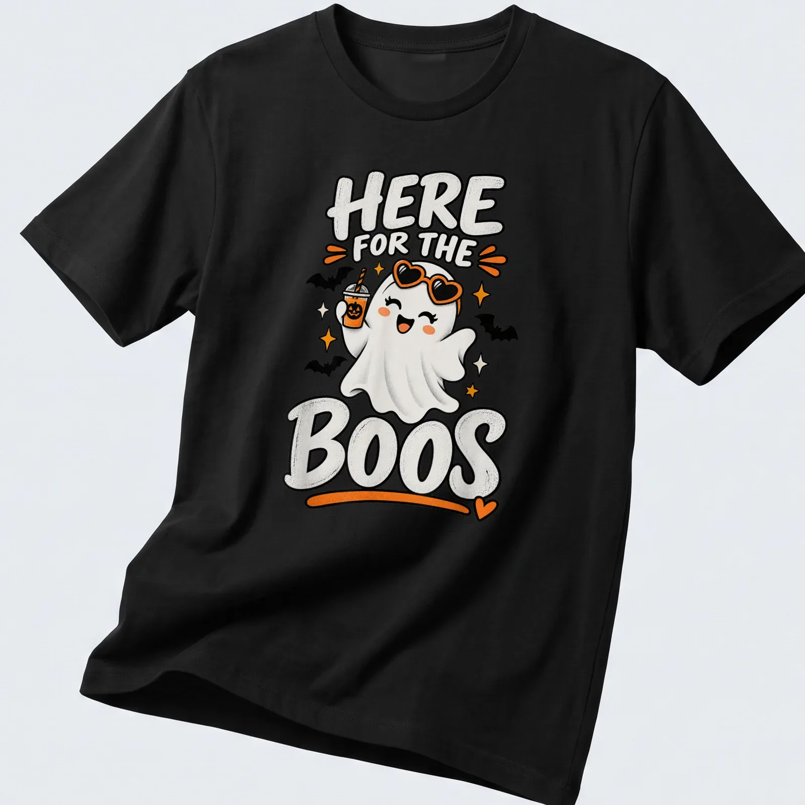 Kawaii cute ghost holding a pumpkin drink with Halloween text in colors white, orange, black, and yellow — printed on a unisex t-shirt