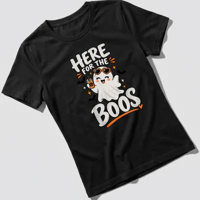 Kawaii cute ghost holding a pumpkin drink with Halloween text in colors white, orange, black, and yellow — printed on a women's shirt
