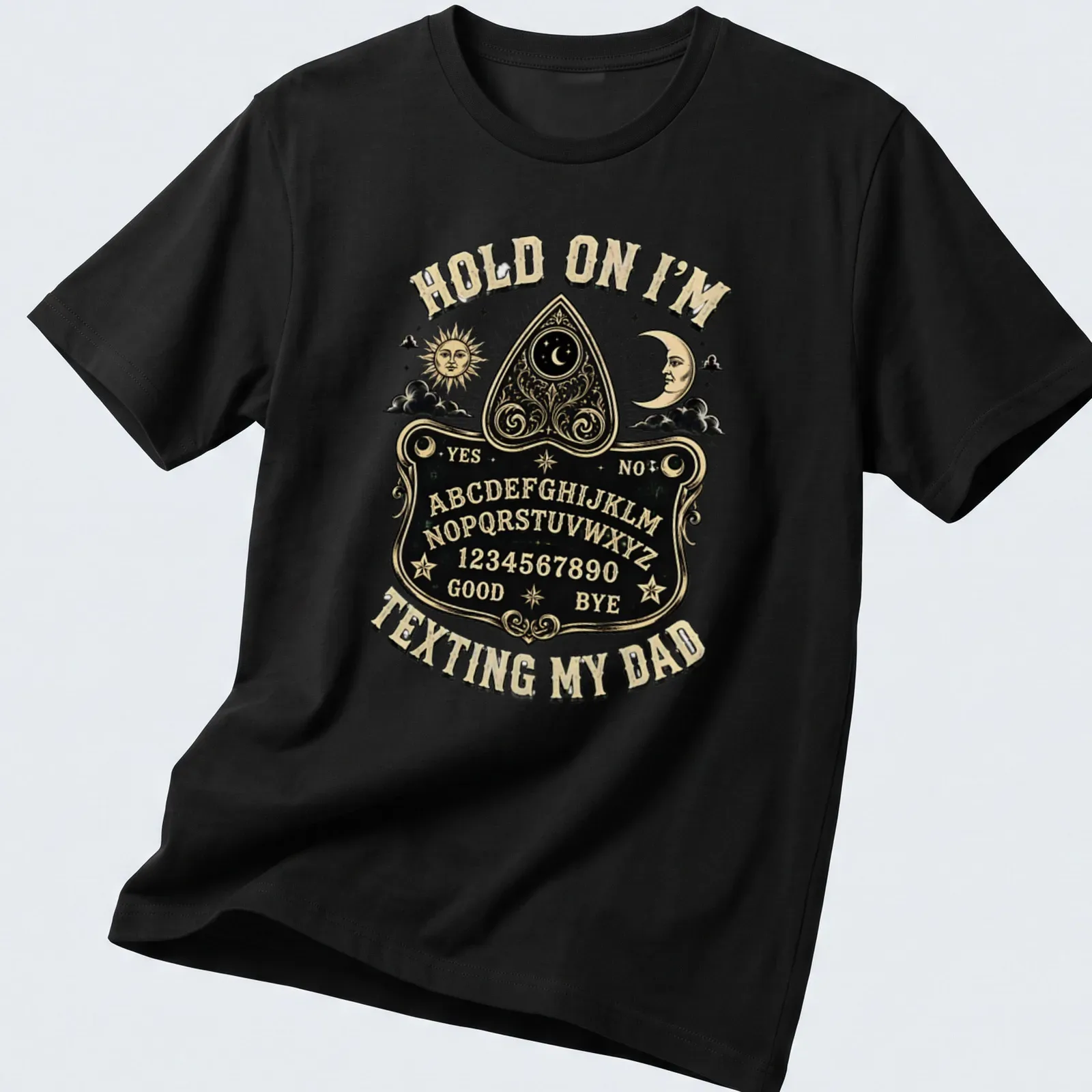 Vintage style Ouija board graphic with humorous texting theme. — printed on a unisex t-shirt