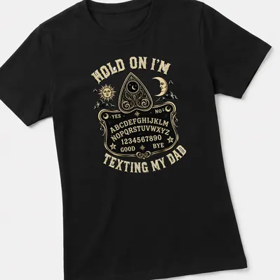 Vintage style Ouija board graphic with humorous texting theme. — printed on a women's shirt