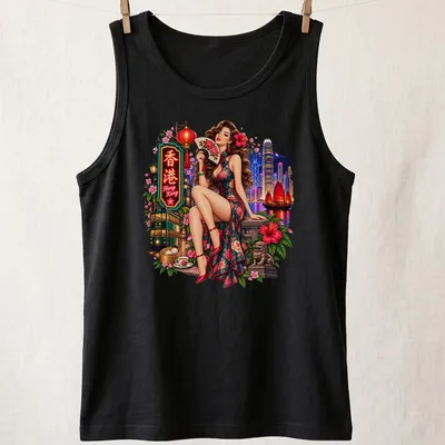 Vintage pin-up girl t-shirt featuring Hong Kong text in vibrant colors — printed on a tank top