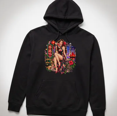 Vintage pin-up girl t-shirt featuring Hong Kong text in vibrant colors — printed on a unisex hoodie