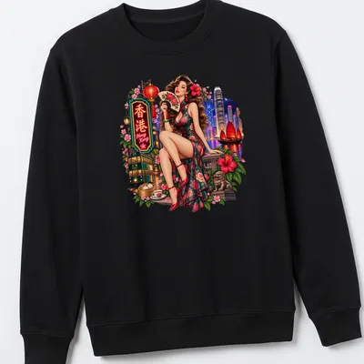 Vintage pin-up girl t-shirt featuring Hong Kong text in vibrant colors — printed on a unisex sweatshirt