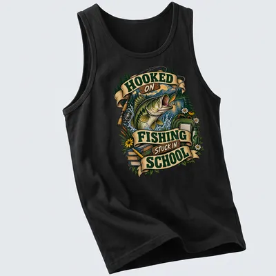 Vintage illustration of a bass fish with humorous text about fishing and school — printed on a tank top
