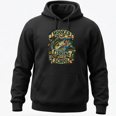 Vintage illustration of a bass fish with humorous text about fishing and school — printed on a unisex hoodie