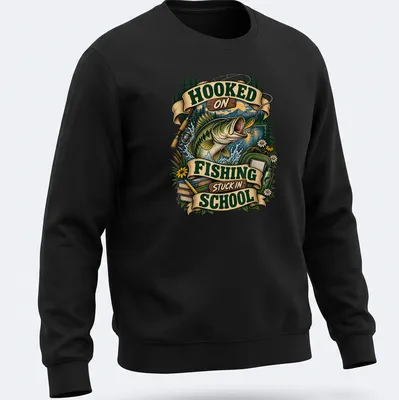 Vintage illustration of a bass fish with humorous text about fishing and school — printed on a unisex sweatshirt