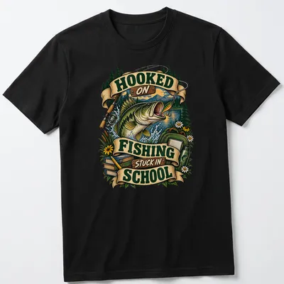 Vintage illustration of a bass fish with humorous text about fishing and school