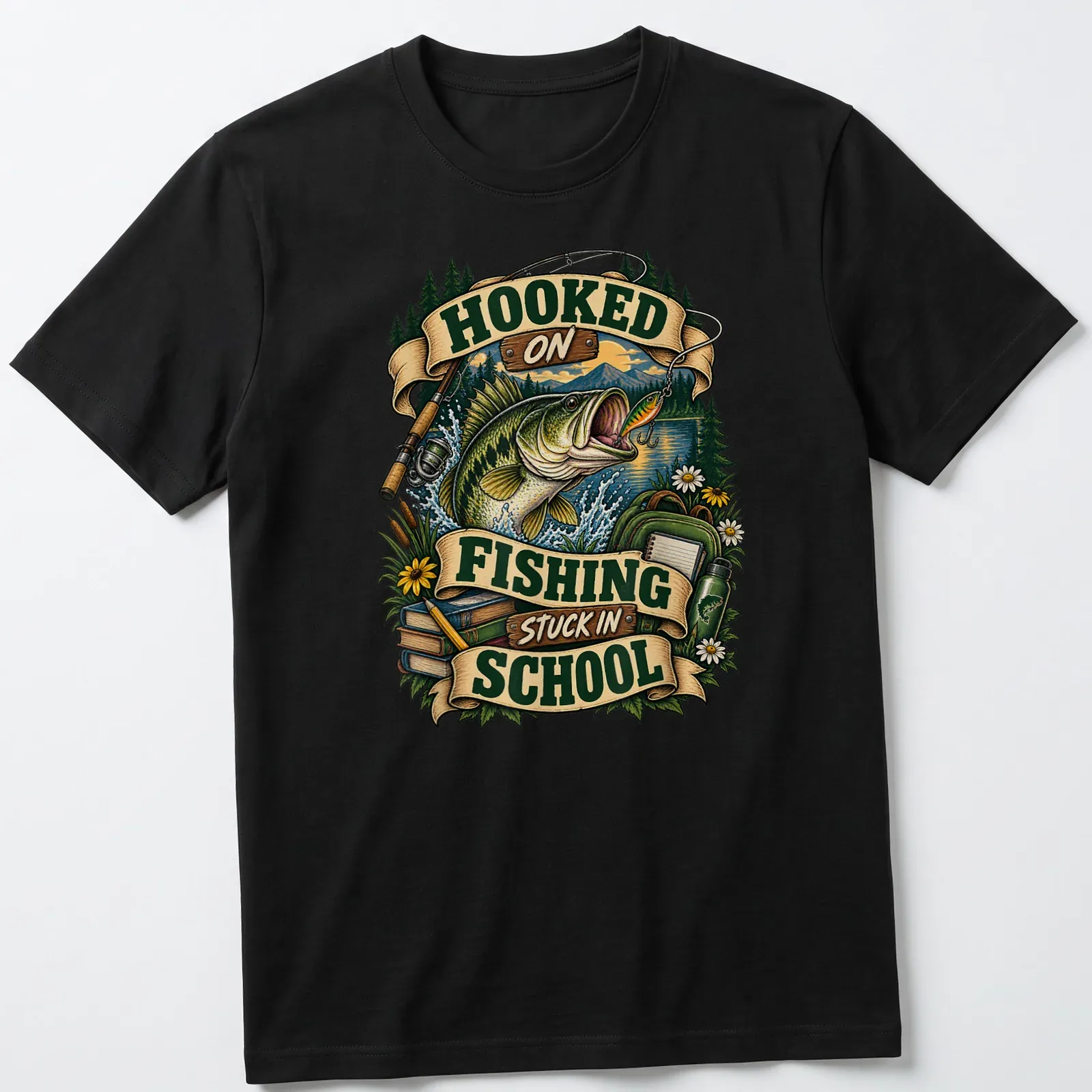 Vintage illustration of a bass fish with humorous text about fishing and school — printed on a unisex t-shirt