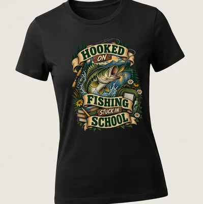 Vintage illustration of a bass fish with humorous text about fishing and school — printed on a women's shirt