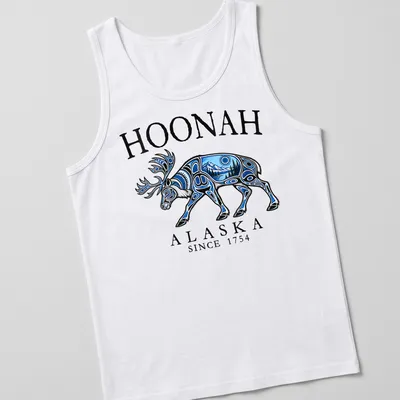 Tribal art T-shirt featuring a caribou and the text Hoonah Alaska Since 1754 — printed on a tank top