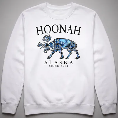 Tribal art T-shirt featuring a caribou and the text Hoonah Alaska Since 1754 — printed on a unisex sweatshirt