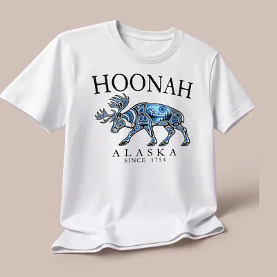 Tribal art T-shirt featuring a caribou and the text Hoonah Alaska Since 1754 — printed on a unisex t-shirt (angled view)