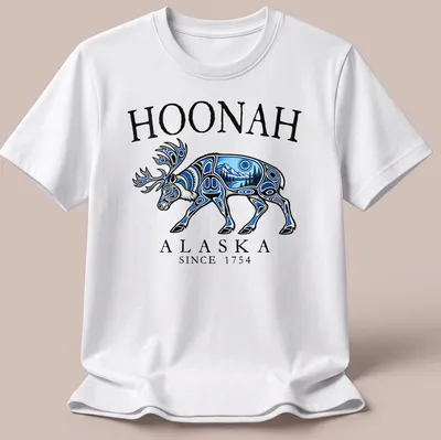 Tribal art T-shirt featuring a caribou and the text Hoonah Alaska Since 1754