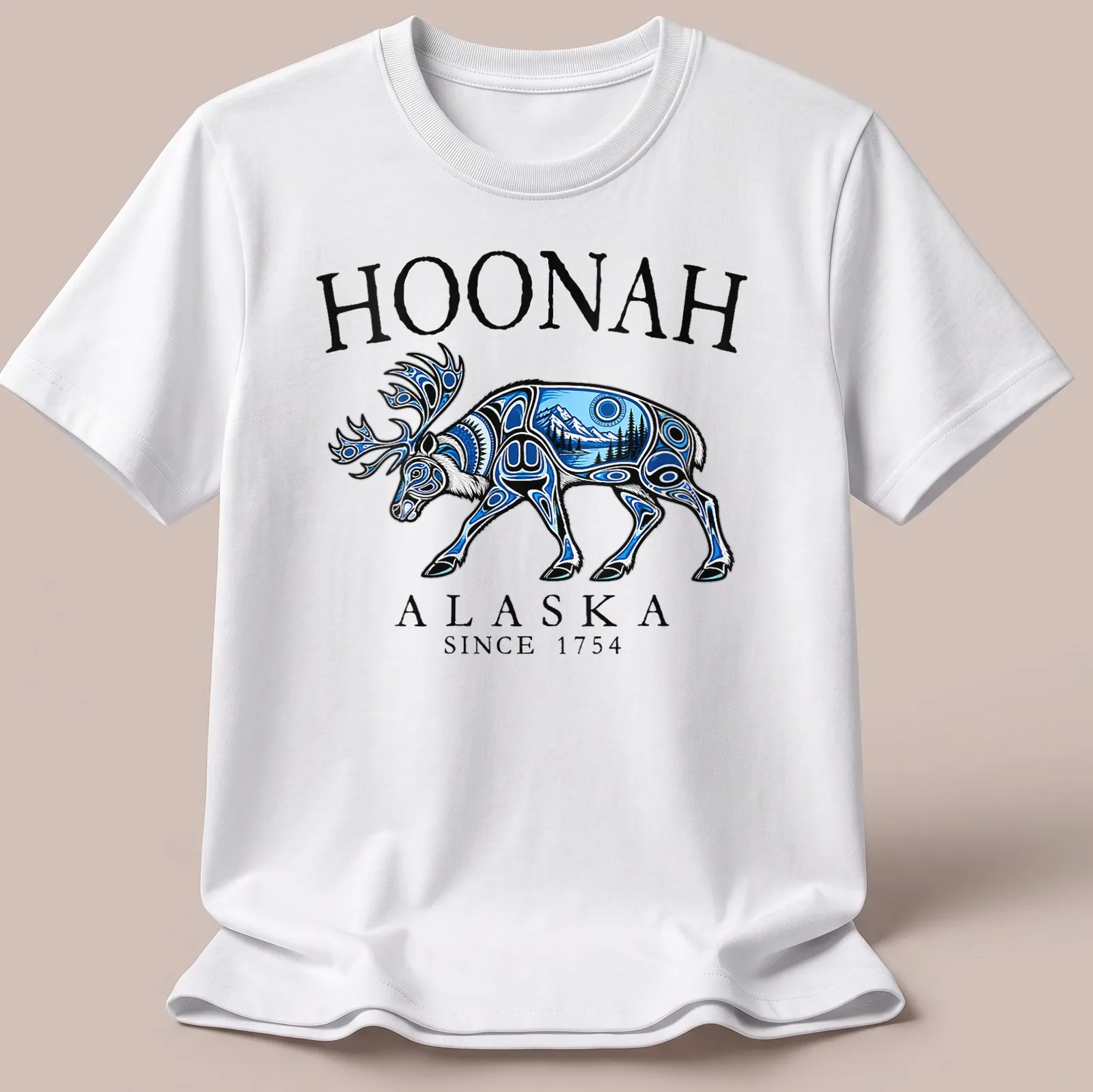 Tribal art T-shirt featuring a caribou and the text Hoonah Alaska Since 1754 — printed on a unisex t-shirt