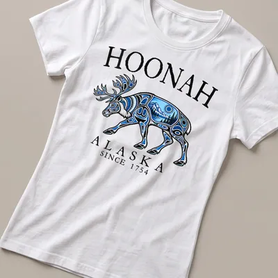 Tribal art T-shirt featuring a caribou and the text Hoonah Alaska Since 1754 — printed on a women's shirt