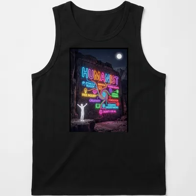 Neon digital print of humanist values text on a rock wall — printed on a tank top