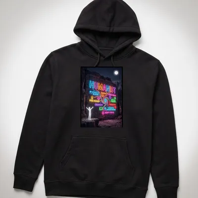 Neon digital print of humanist values text on a rock wall — printed on a unisex hoodie