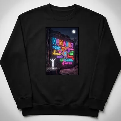 Neon digital print of humanist values text on a rock wall — printed on a unisex sweatshirt