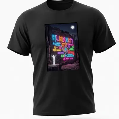 Neon digital print of humanist values text on a rock wall — printed on a unisex t-shirt