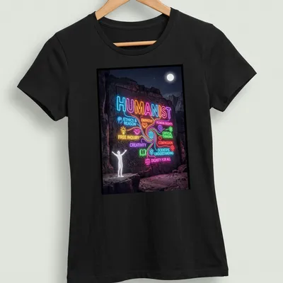 Neon digital print of humanist values text on a rock wall — printed on a women's shirt