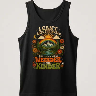 Scenic nature t-shirt with mountains, river, and colorful retro text — printed on a tank top