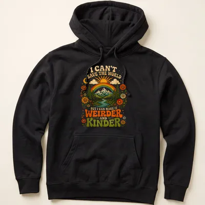 Scenic nature t-shirt with mountains, river, and colorful retro text — printed on a unisex hoodie