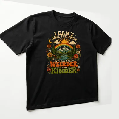 Scenic nature t-shirt with mountains, river, and colorful retro text — printed on a unisex t-shirt (angled view)
