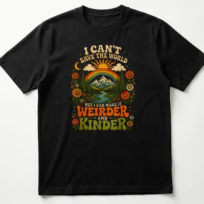 Scenic nature t-shirt with mountains, river, and colorful retro text — printed on a unisex t-shirt