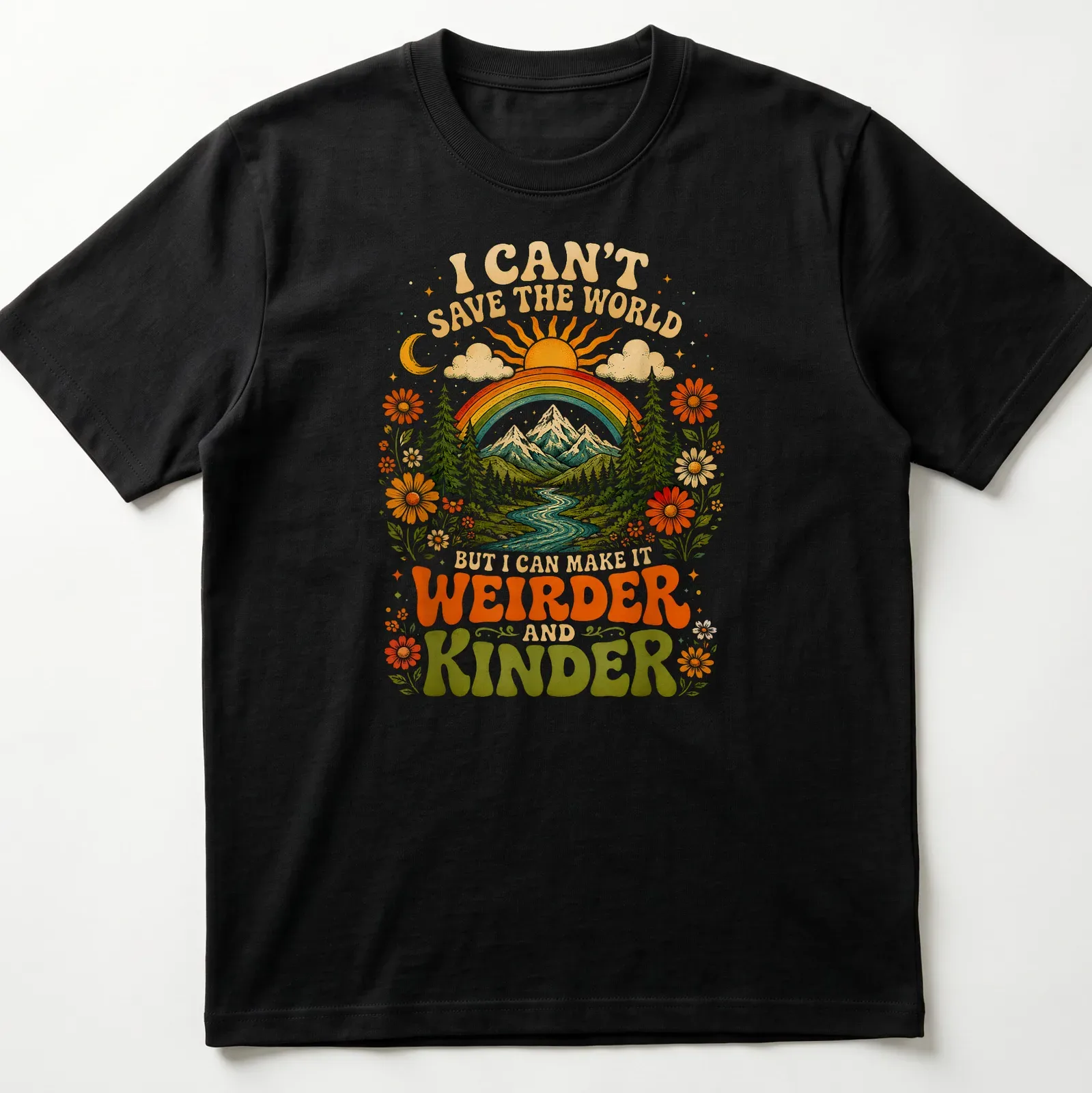 Scenic nature t-shirt with mountains, river, and colorful retro text — printed on a unisex t-shirt