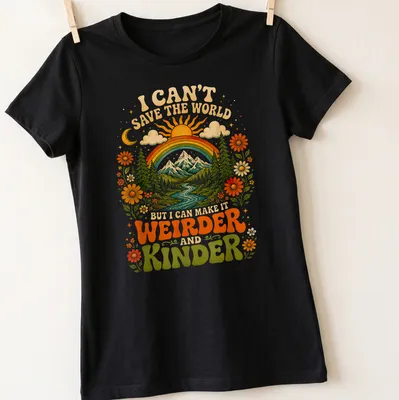 Scenic nature t-shirt with mountains, river, and colorful retro text — printed on a women's shirt