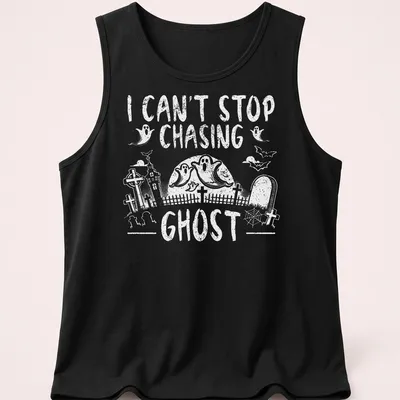 Halloween-themed T-shirt with a playful ghost design and text about chasing ghosts — printed on a tank top