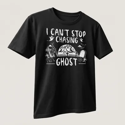 Halloween-themed T-shirt with a playful ghost design and text about chasing ghosts — printed on a unisex t-shirt (angled view)