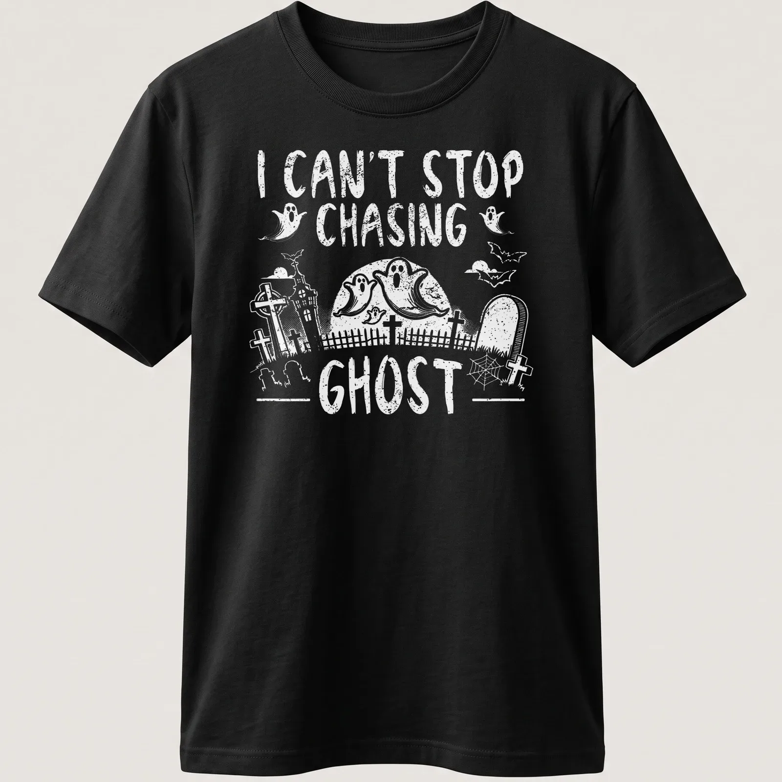 Halloween-themed T-shirt with a playful ghost design and text about chasing ghosts — printed on a unisex t-shirt