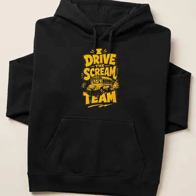 Funny t-shirt featuring a cartoon school bus with the phrase I Drive The Scream Team — printed on a unisex hoodie