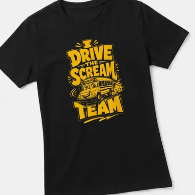 Funny t-shirt featuring a cartoon school bus with the phrase I Drive The Scream Team — printed on a women's shirt