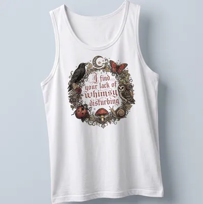 Vintage ornate print of an owl, mushrooms, and other forest creatures with whimsical text — printed on a tank top