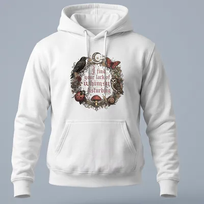 Vintage ornate print of an owl, mushrooms, and other forest creatures with whimsical text — printed on a unisex hoodie